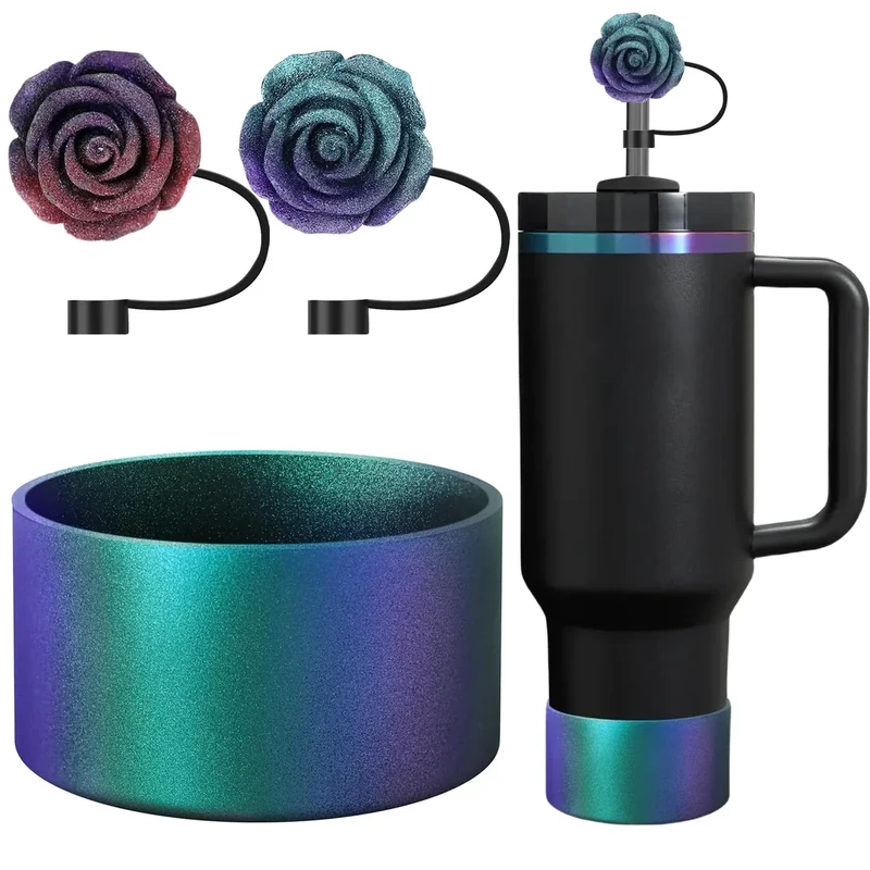 Gradient Silicone Boot and 2 PCS 10MM Glitter Straw Cover, Anti-Slip Sleeves Bottom Protector Compatible with Stanley Cup 20 30 40 Oz Water Bottle 2.8-3IN Base Christmas Tumbler Accessories Gifts