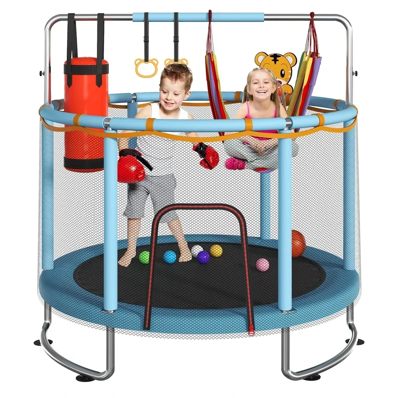 Trampoline for Kids, Upgrade Full Anti-Rust 440lbsToddler Trampoline with Net, 60'' Upgraded Ring Legs with Adjustable Gymnastics Bar&Toys, Gifts for Ages 1-8 Boys&Girls（Blue）