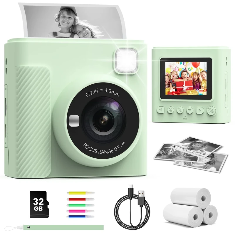TIATUA Kids Print Camera - 12MP, 1080P HD Video, 32GB Card, Green