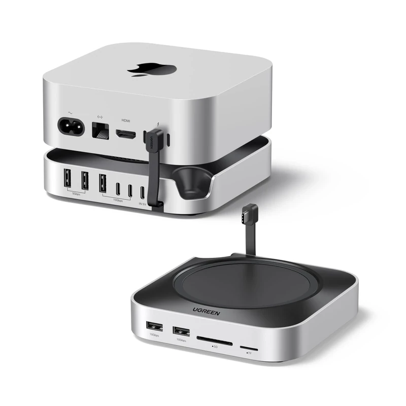 UGREEN Dock & Stand for Mac mini M4/ M4 Pro with NVMe SSD Enclosure, 3 USB A 10Gbps, USB C Data Port, SD Card Reader, Silver
