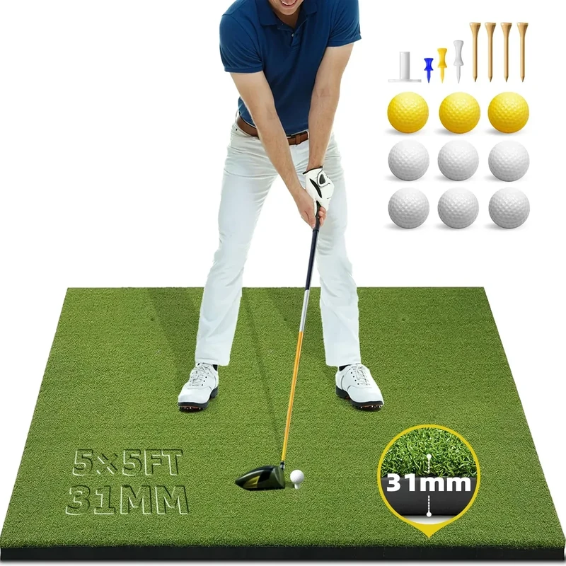 Bltend Golf Mat: 5x5ft 31MM Thick Heavy-Duty Golf Hitting Mats Practice Outdoor/Indoor, Elite Artificial Turf Mat with 9 Balls, 8 Tees for Driving, Swing in Backyard/Garage/Basement/Simulators