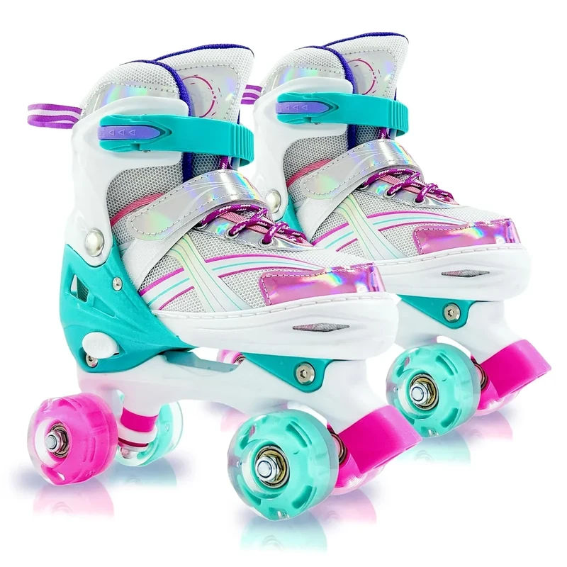 Adjustable Kids Roller Skates for Girls and Boys Ages 3-5 5-8 8-12, All 8 Wheels of Girl's Skates Shine, Safe and Fun Illuminating for Outdoor Indoor Sports (Blue & Purple, Medium -Big Kid (13C-3))