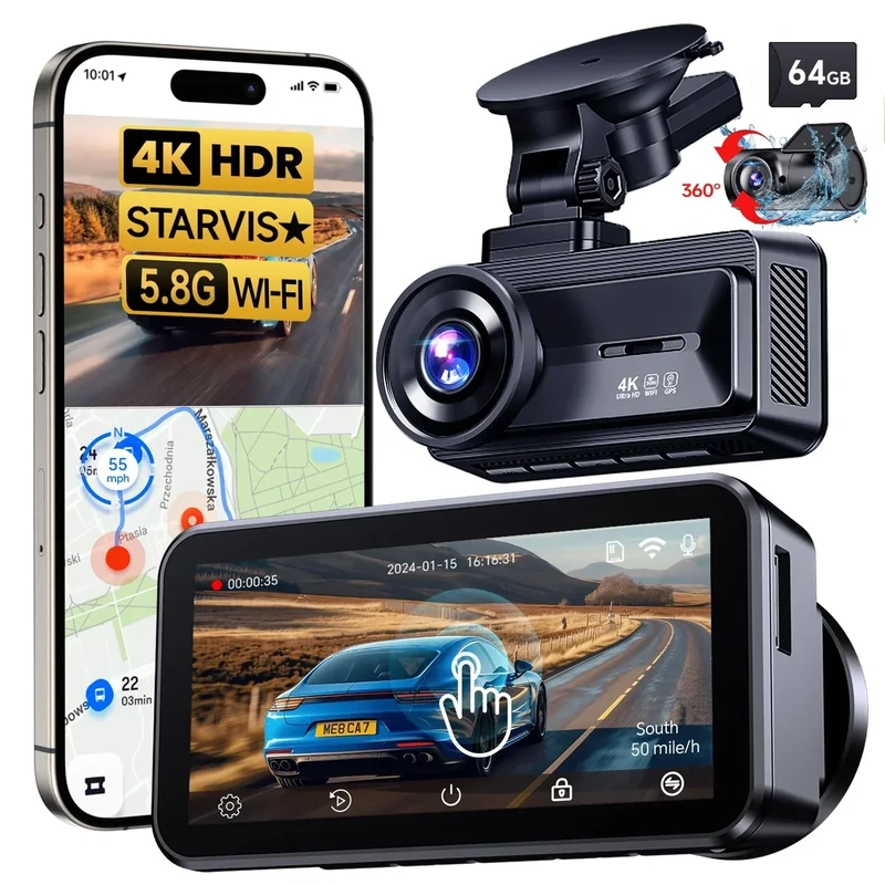 COOLCRAZY 4K Dash Cam Front Rear with STARVIS Sensor, 128GB Card Included, G-Sensor Dash Camera for Cars with 3" IPS Screen, Night Vision Dashcam, 24H Parking Mode, 5.8GHz WiFi, GPS