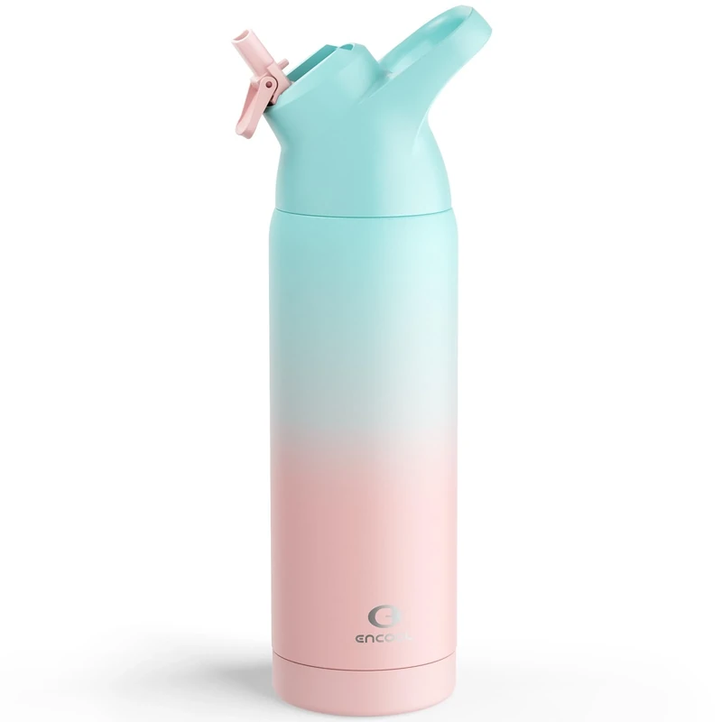 Insulated Water Bottle with Straw - Encool Stainless Steel Water Bottle, Reusable Leakproof and BPA-Free for Sports, Travel, Cold for 24 Hours, 24 oz, Cherry Blossom