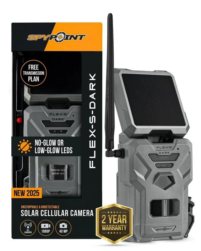 SPYPOINT Flex-S-Dark Solar Cellular Trail Camera – Built-in Solar Panel, 40MP Photos, 1080p Videos + Sound, No-Glow Game Camera, Night Vision, Motion Activated Trail Cam