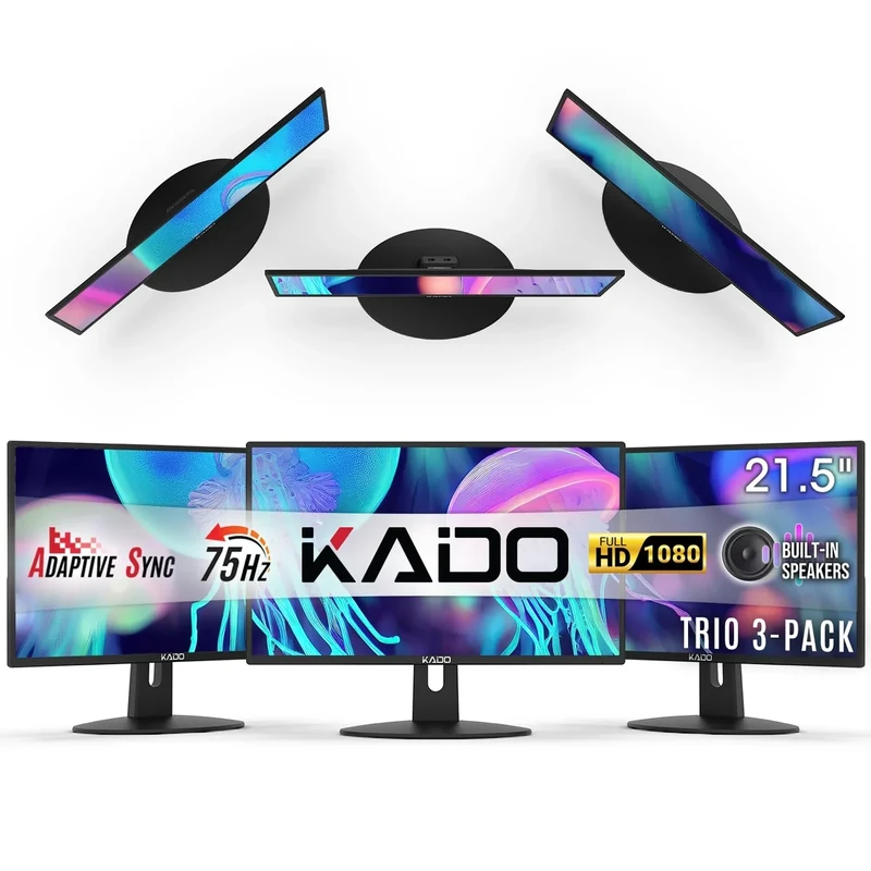 Kado Triple Monitor Setup - 3-Pack 22" 1920x1080 Computer Monitor 75Hz VESA Mount HDMI Office Gaming Hybrid Sim Racing Built-in Speakers (E22X Trio Series)