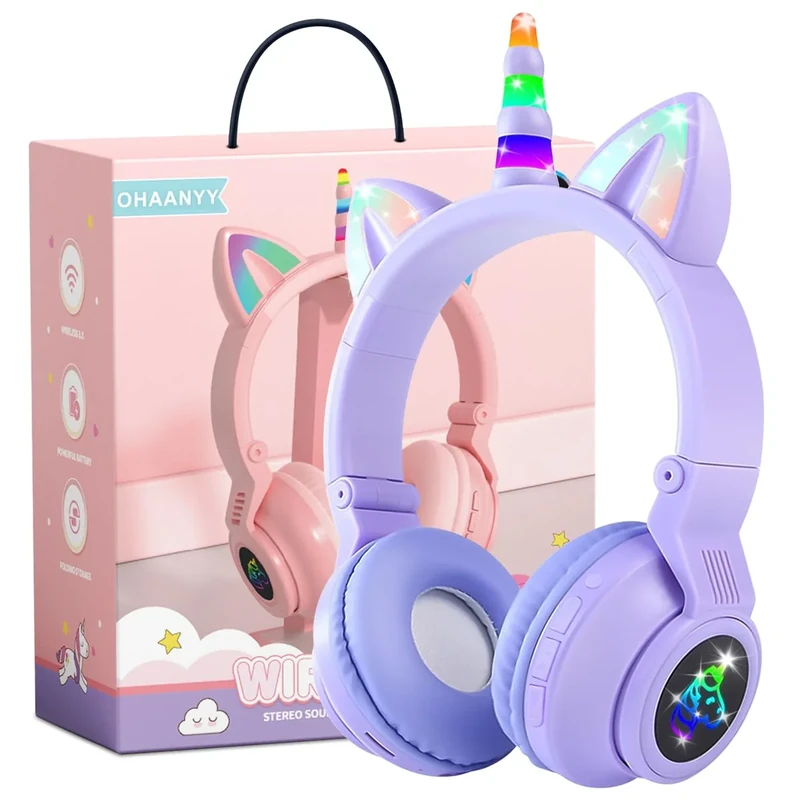 KERHAND Unicorn Kids Headphones - LED Cat-Ear, Mic & Volume (Purple)