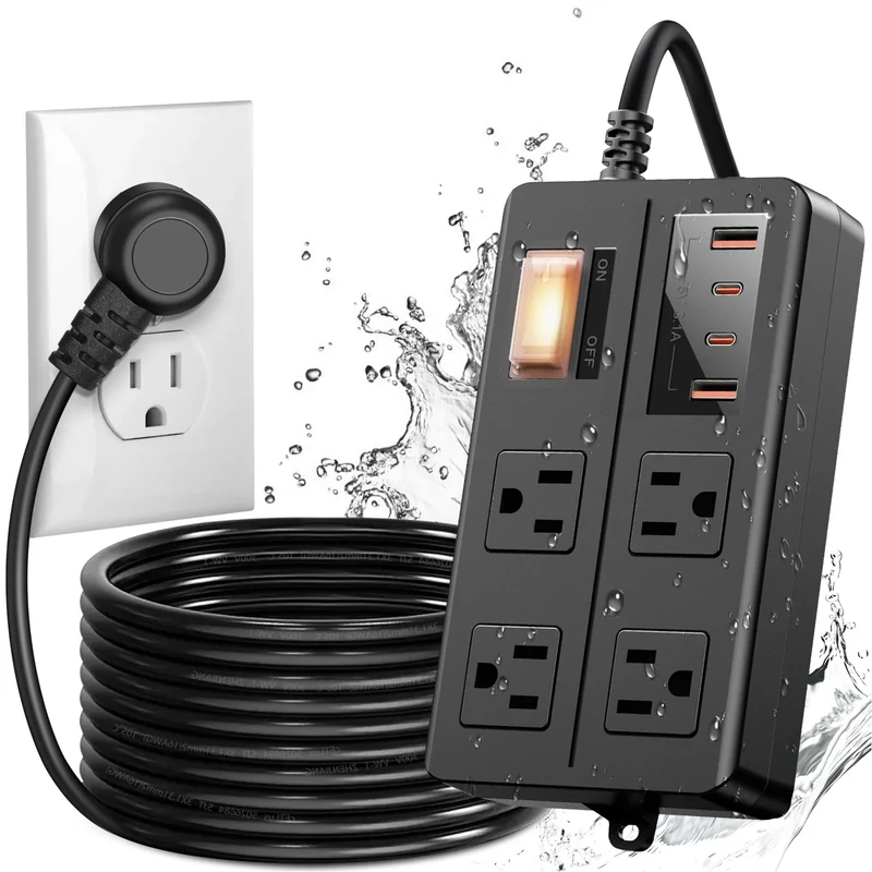 Qiyuan IPX6 Power Strip - 4 Wide Outlets, 2 USB-A, 2 USB-C, 15ft