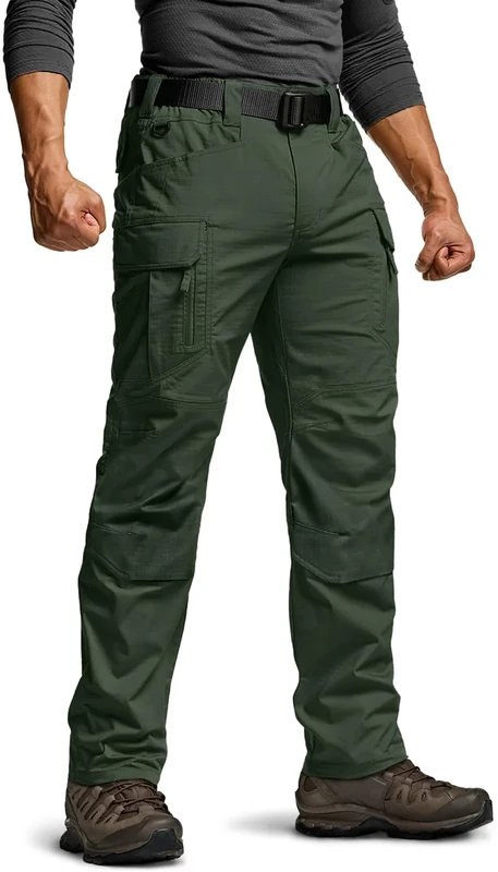 CQR Men's Flex Stretch Tactical Pants, Water Resistant Ripstop Cargo Pants, Lightweight EDC Outdoor Work Hiking Pants, Intense Green Kelp, 40W x 34L