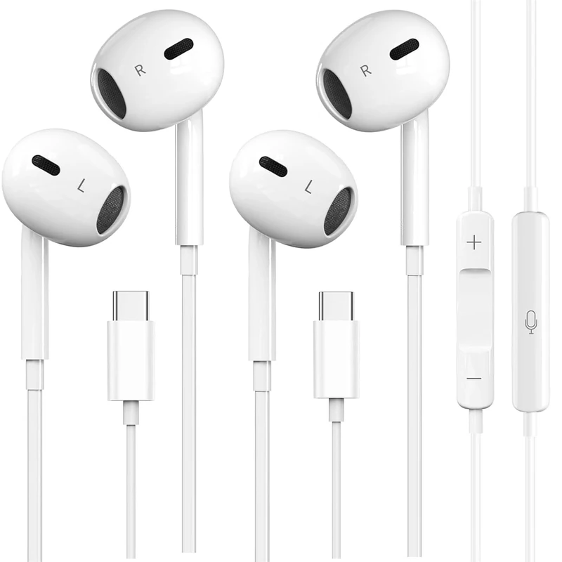 VZZBOO 2-Pack USB-C Earbuds Mic & Volume - iPhone 15/16/17, Android