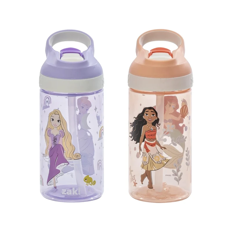 Zak Designs Disney Princess Atlantic Kids Water Bottle For School or Travel, 16oz Durable Plastic Water Bottle With Straw, Handle, Leak-Proof Spout Cover, 2-Pack (Ariel, Cinderella, Moana, Rapunzel)