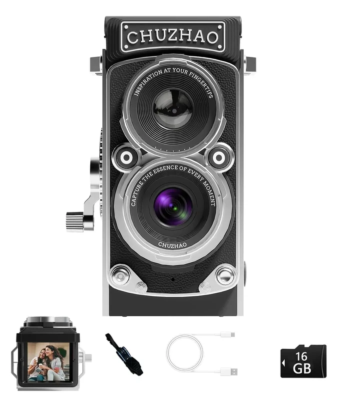 CHUZHAO Vintage Mini Digital Camera, Portable TLR Style Retro Point and Shoot Compact Small Pocket 1080P FHD Video 12MP Autofocus Vlogging Camera with 16 GB Card for Beginners Teens Adults Black