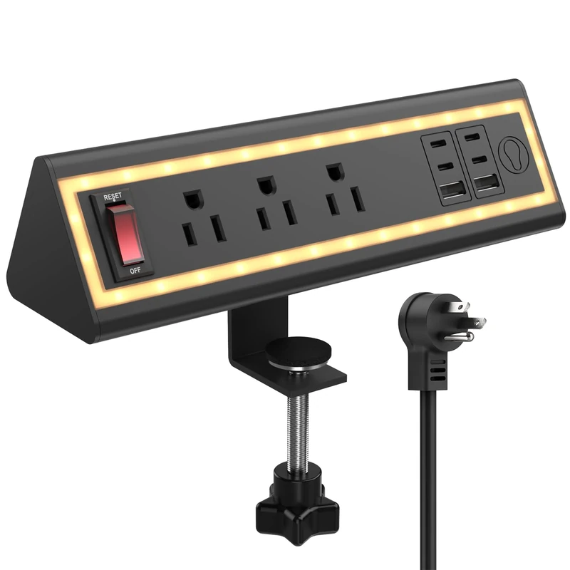 Desk clamp Power Strip (Black, 3 Outlets & 6 USB Ports)
