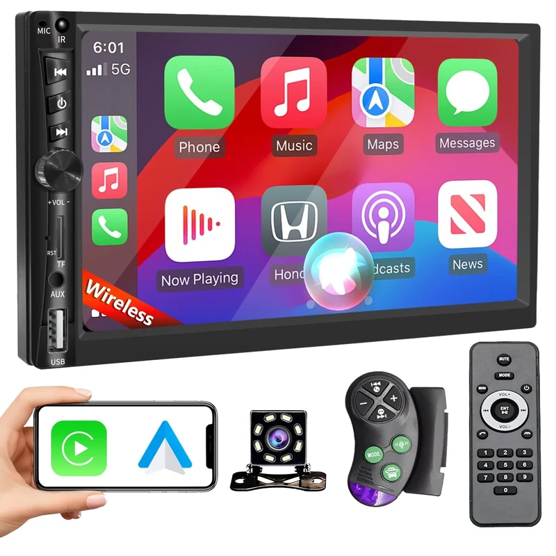 Upgrade Wireless 7" Double Din Car Stereo with Apple CarPlay Android Auto 178 * 102mm,Touchscreen Car Play Radio for Car,Screen for Bluetooth 5.0, Weatherproof Backup Camera,FM,AUX,Card Slot,USB,SWC