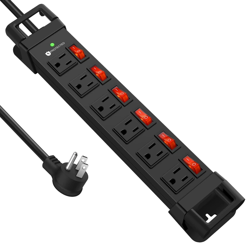 HEZI 6-Outlet Strip - 1200J Surge Protector, Switch Controls, 6FT Cord