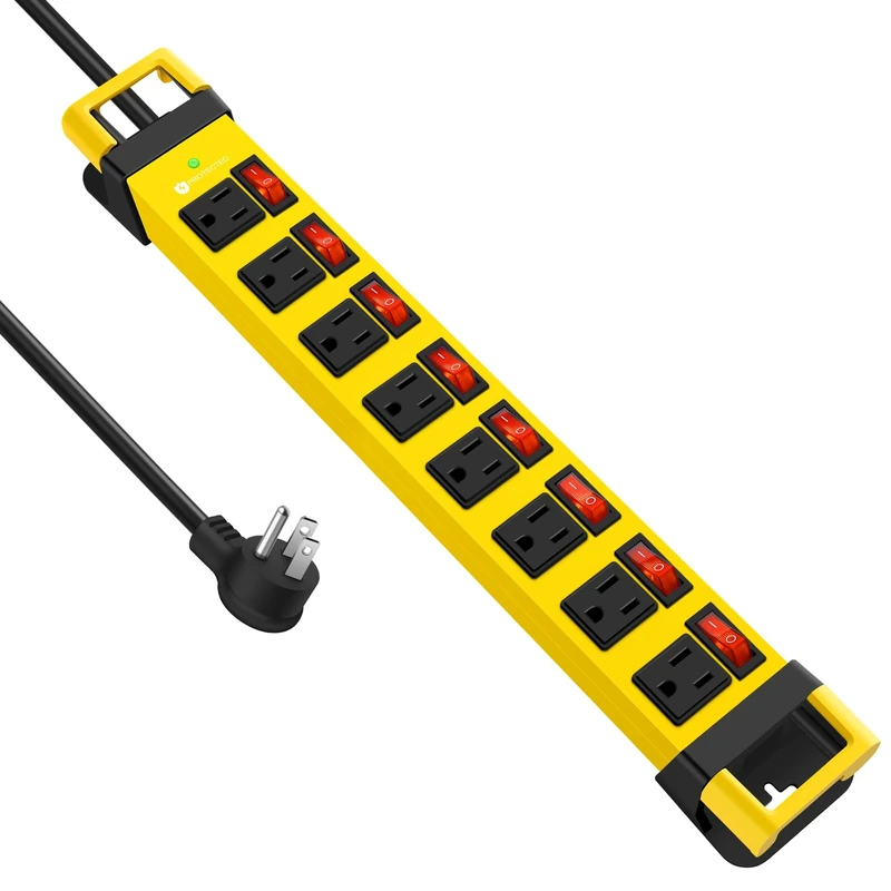 Heavy Duty Power Strip with Individual Switches,8 Outlets 14 Gauge Industrial Shop Garage Metal Multiple Outlets,1200J Surge Protector Mountable Power Strip,15FT Extension Cord Management (Yellow)