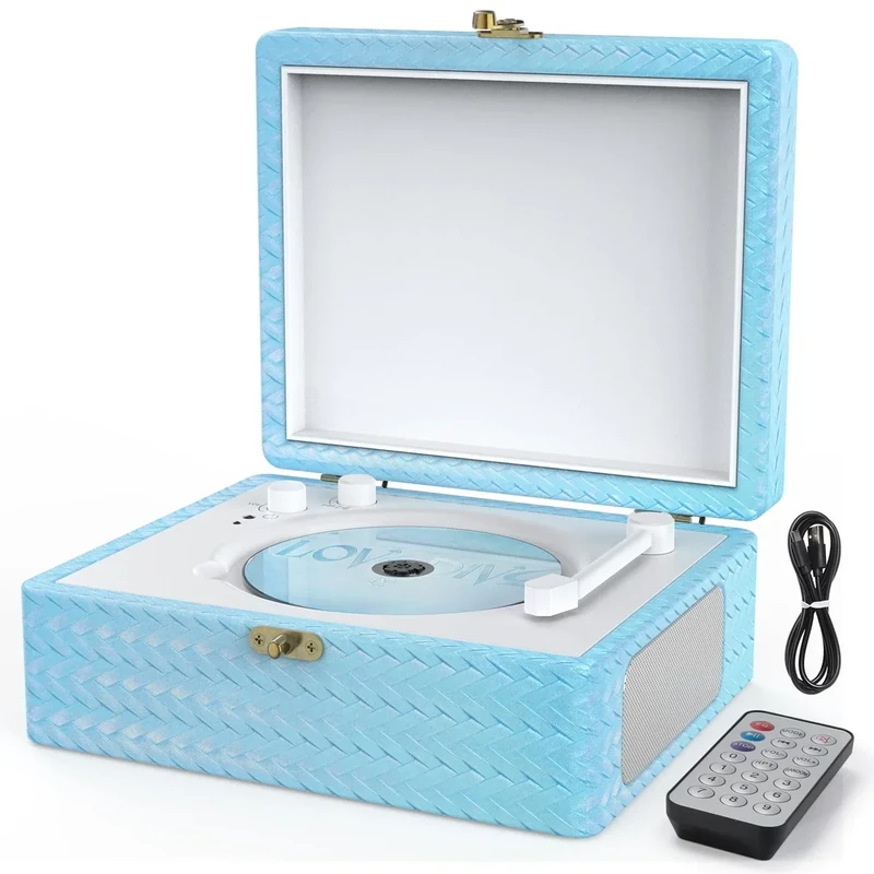 CD Player Portable with Speakers Bluetooth Desktop Knit Retro CD Player for Home Rechargeble Battery Small Vintage Player with BT Input USB Playback AUX in Headphone Jack Remote Control (Blue)
