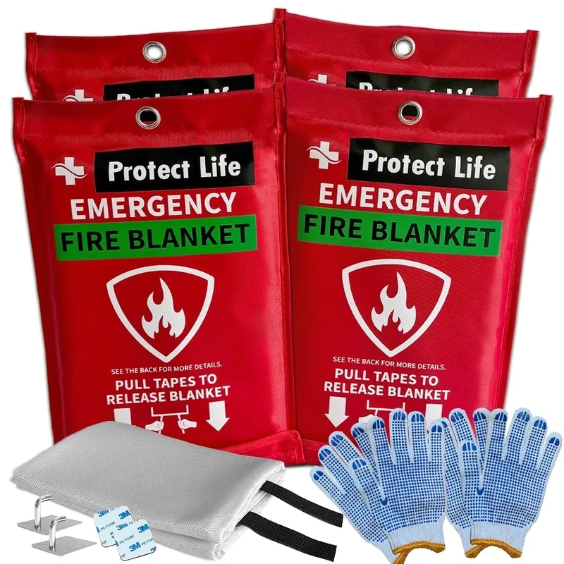 Protect Life Saving Emergency Fire Blankets 4 Pack - 40"x40", Fiberglass Fire Blanket for Home & Kitchen - Fire Suppression or Retardant Tarp - Fire Safety Kit for Car or Camping