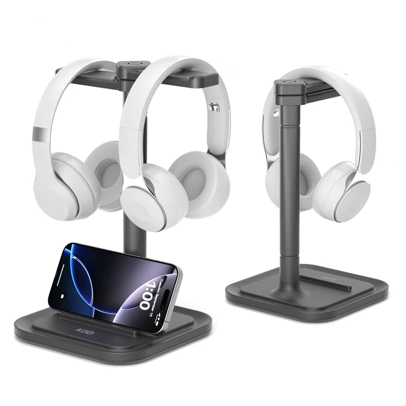 KDD Dual Headphone Stand for Desk - Rotatable Headset Hanger with Phone Holder - Removable Non-Slip Base for Gamers Desktop Accessories