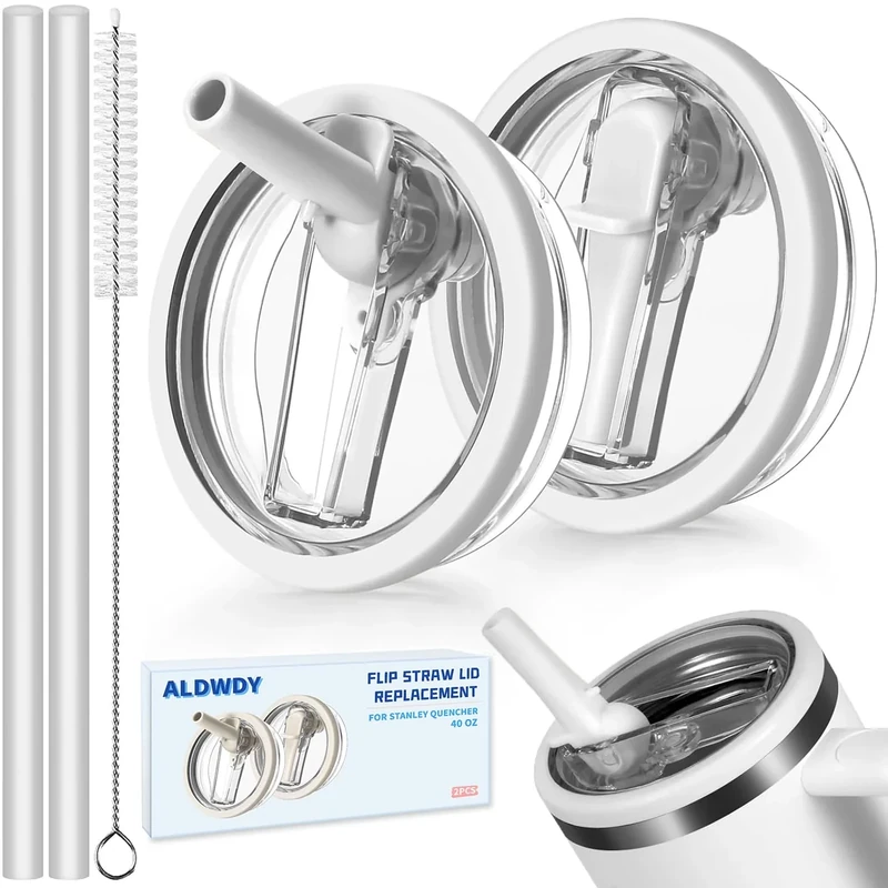 2 Pack 40 oz Flip Straw Leak Proof Lid for Stanley H2.0 Quencher, Stanley Lid Replacement 40 oz for Stanley Cup Accessories ProTour, No Spill Proof Straw Cover for Stanley Accessories (White & White)