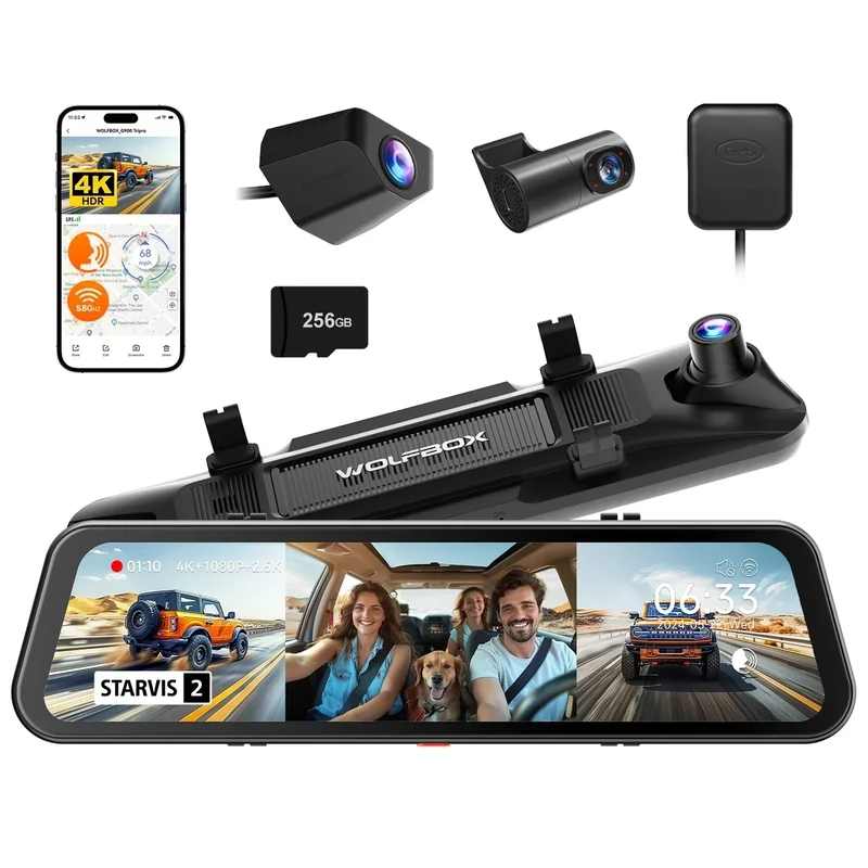WOLFBOX G900 Tripro Cabin Version 3 Channel 4K Rear View Mirror Camera,8MP STARVIS IMX678 Night Vision,4K+1080P+2.5K Front Inside and Rear Mirror Dash Cam,5.8GHz WiFi,Voice Control,Includes 256GB Card