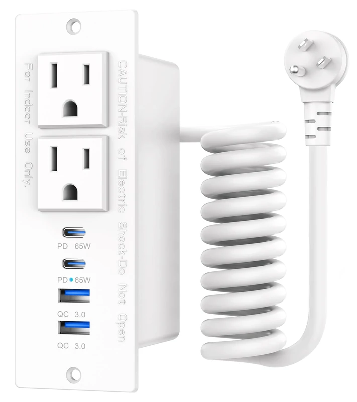 65W Furniture Drawer Outlet, Recessed Outlet with 4 USB Ports & 2 AC Outlets, Recessed Power Strip for Home, Office, 14 AWG-10FT Spring Cord(White)