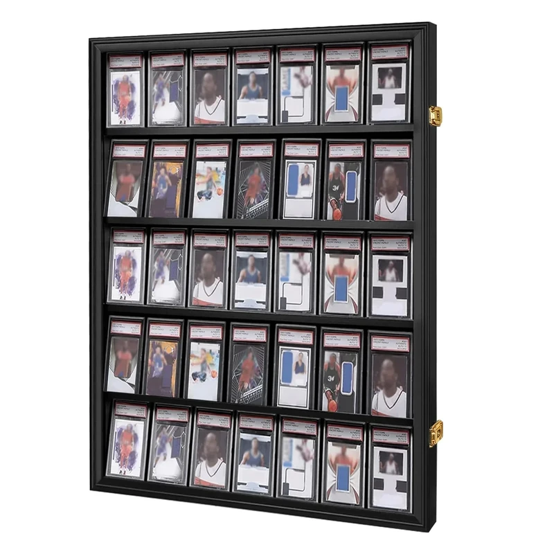 Goazhpon 35 Graded Sports Card Display Case with UV Protection Lockable Wall Frame Cabinet for Basketball Football Baseball Hockey Trading Cards-Black Finish