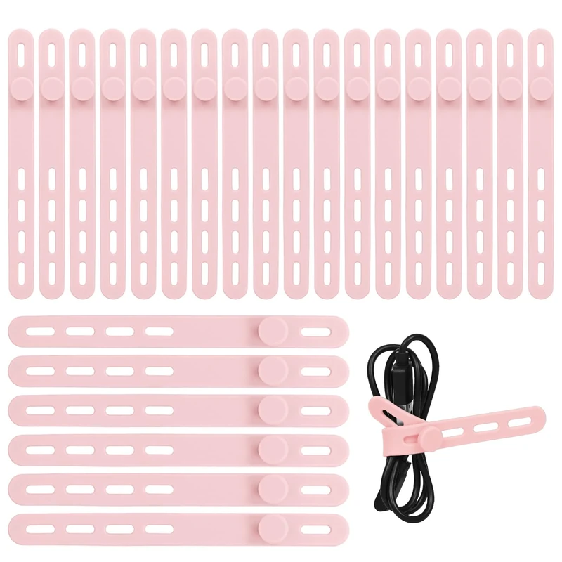 Donruby 24Pcs Silicone Cable Ties - Reusable Washable Adjust (Pink)
