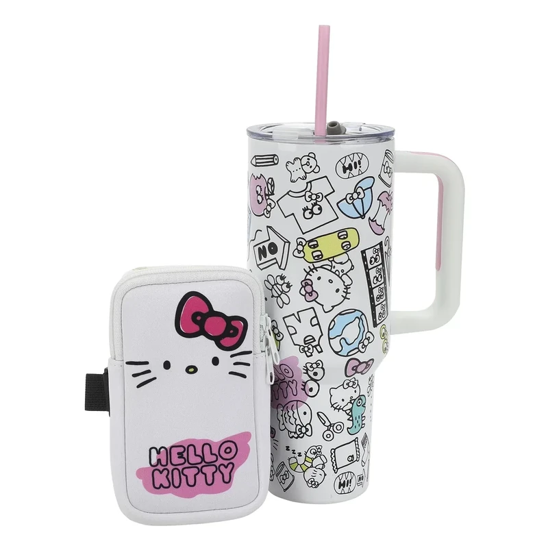 Bioworld Hello Kitty 40 Oz Stainless Steel Tumbler With Handle And Slip-On Pouch