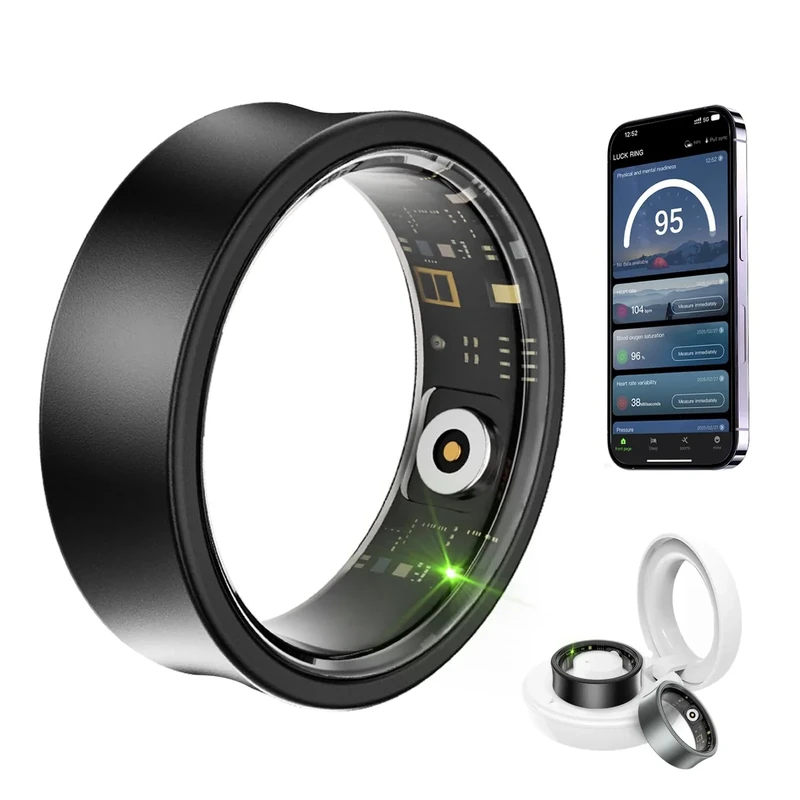 WNRTSA Smart Ring for Women & Men, Fitness Tracker with Heart Rate, Blood Oxygen, Sleep Monitoring, Long-Lasting Battery, IP68 Waterproof (Black Aluminum, 11#)