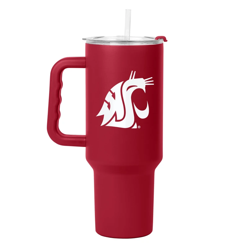 Logo Brands NCAA Washington State Cougars 40 oz Tumbler with Handle -Powder Coated-Stainless Steel with Straw– Leak-Resistant, Keeps Drinks Hot/Cold – Everyday Use
