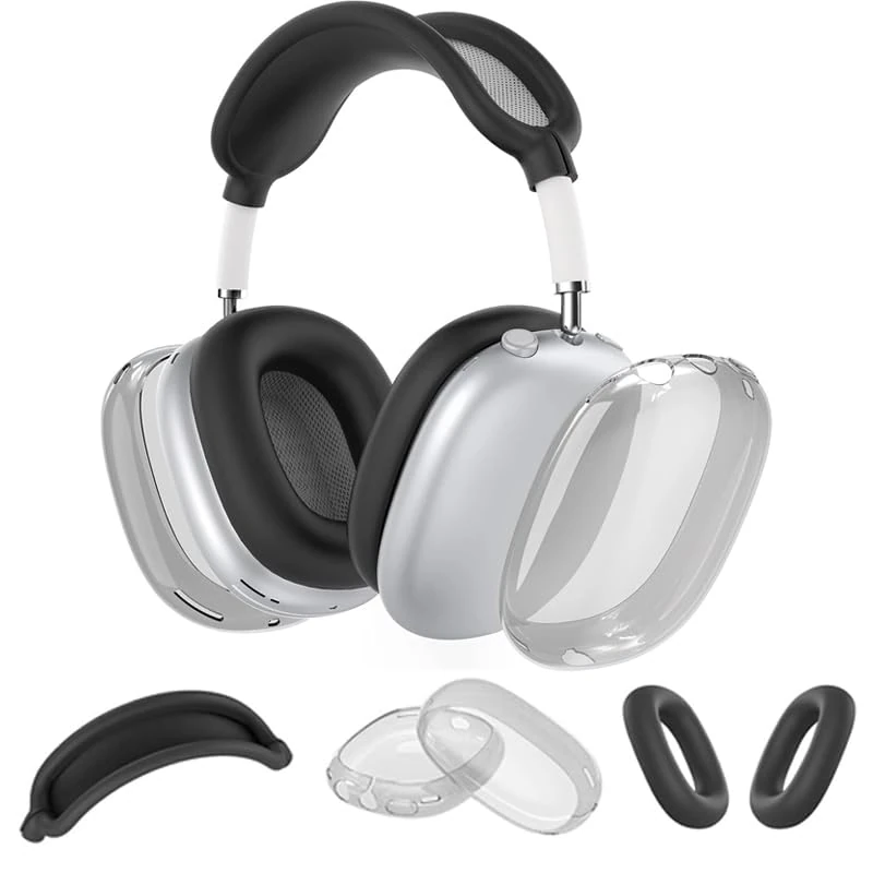 Silicone Case Cover for AirPods Max Headphones (2024/2020), Clear Soft TPU Ear Cups Cover/Ear Pad Case Cover/Headband Cover 3-in-1 Transparent Accessories Case Protector for Airpods Max (Black)