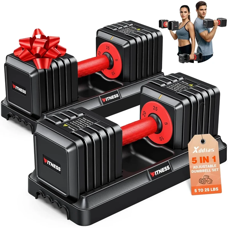 XDDIAS Adjustable Dumbbell Set of 2, 25/55/80LB Dumbbell Set-Fast Adjust Weights Set, 5/10/16 in 1 Free Weights Dumbbells Set with Anti-Slip Metal Handle, Compact Size for Men/Women Home Gym Equipment (Red-Square-25LB 2pcs)
