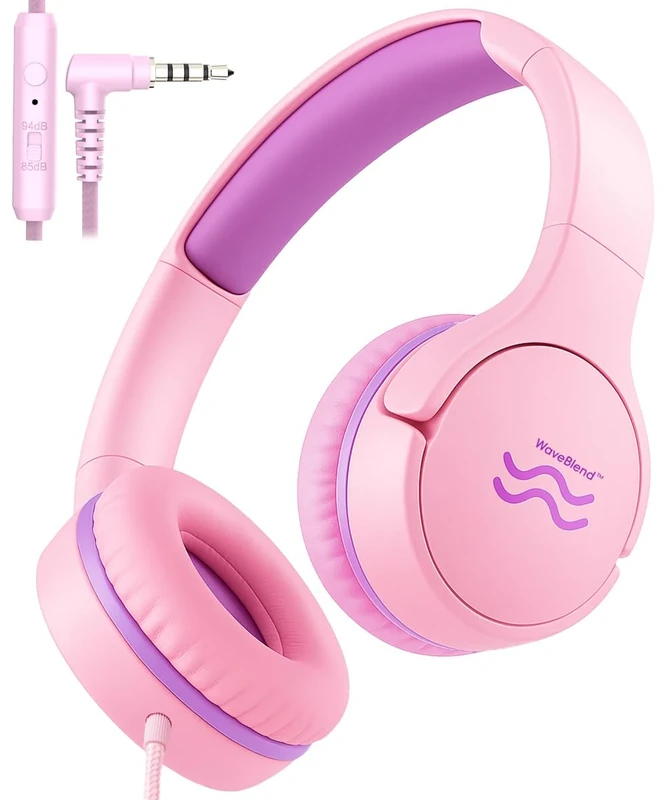 WaveBlend Wired Kids Headphones with Mic, Foldable, Volume Control Safe Listening(85/94dB), 3.5mm Jack on-Ear Headset for Chilren/Teens/Valentin‘s Day/School/Travel/Plane/Tablet/Laptop, PinkPurple