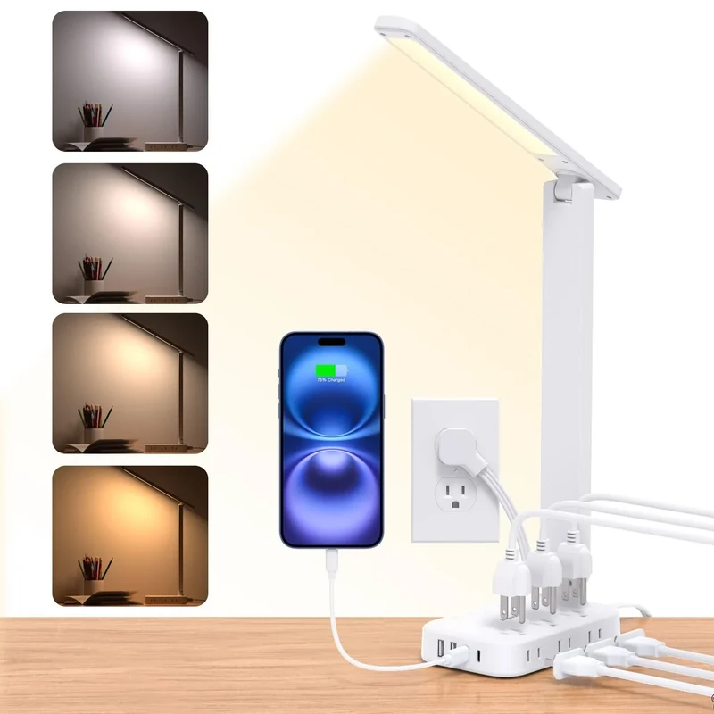 One Beat Desk Lamp with 6 Outlets, 4 USB Ports, 4 Color Modes (White)