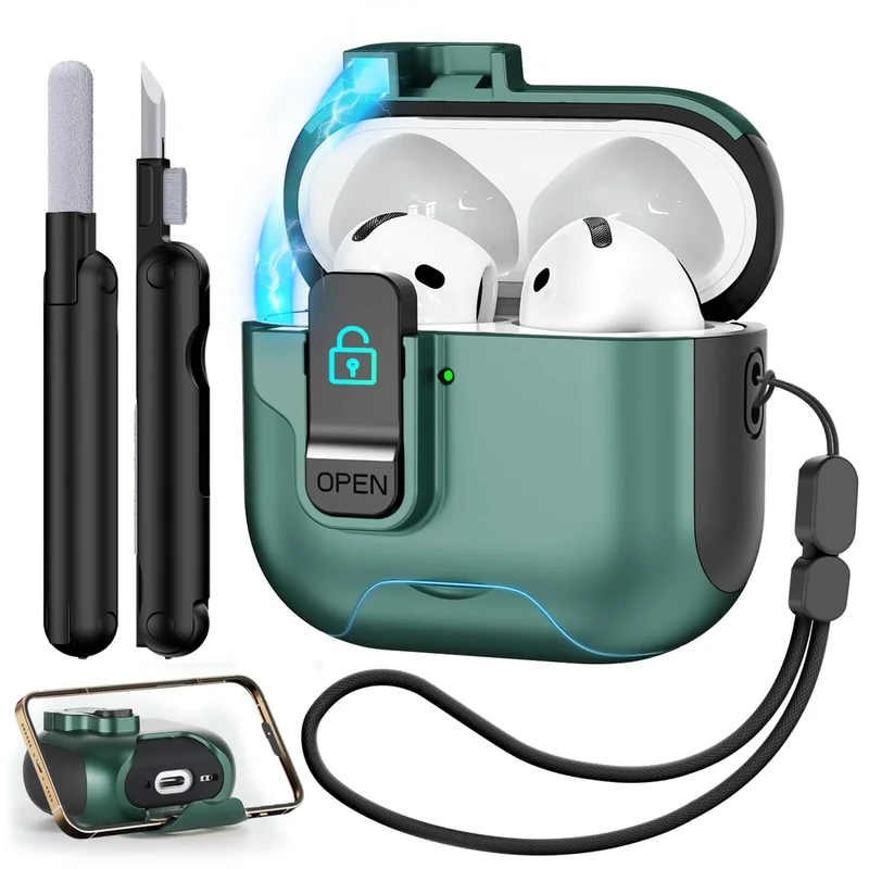 MCTOPZO AirPods 4 Case - Secure Lock, Phone Stand & Cleaner Kit Green
