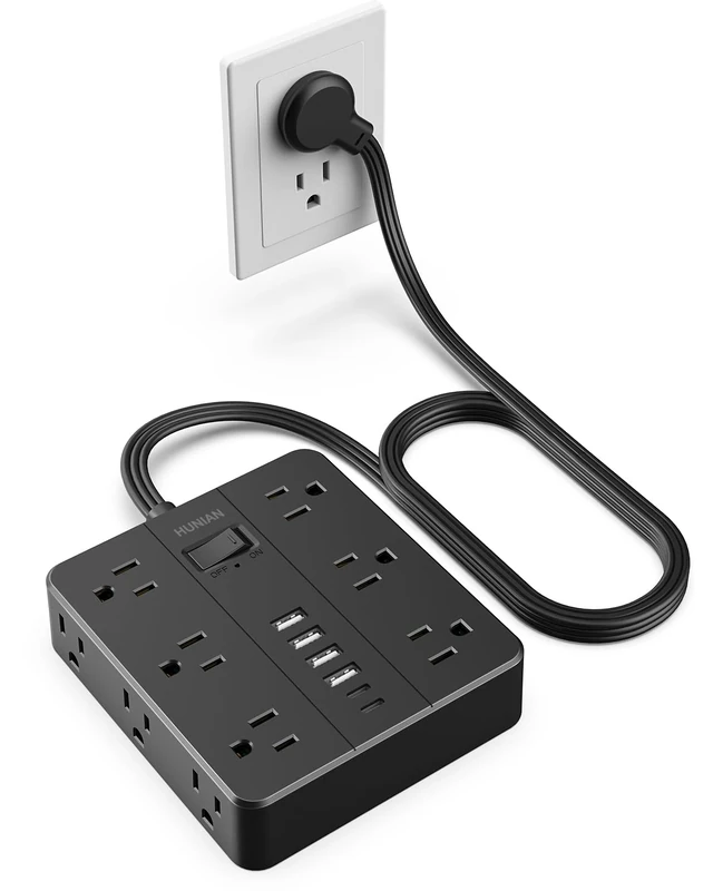 Flat Plug Power Strip Surge Protector, HUNIAN 5 Ft Extension Cord with 12 Widely Spaced Multiple Outlets 6 USB Charger (2 USB C Ports), Desk Charging Station for Home Office Supplies, Black
