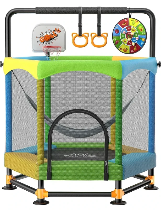 60" Trampoline for Kids, Twinkoo 5FT Fortified Toddler Trampolines with Anti-Rollover Bottom, Indoor/Outdoor Toddler Trampoline with Safety Enclosure, Adjustable Gymnastics Bars, Basketball Hoop