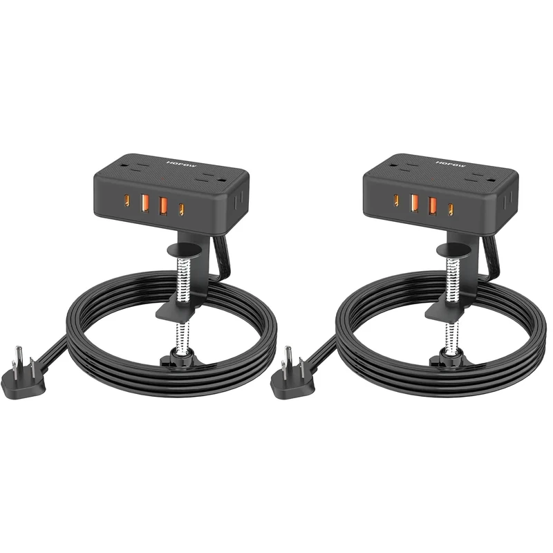 HOPOW Desk Clamp Power Strip, 2 Pack Desktop Mount Charging Station with 4 Outlets 4 USB Ports (2 USB C), 10Ft Under Desk Power Strip, Fits 2.75" Tabletop Edge, Extension Cord for Home Office, Black