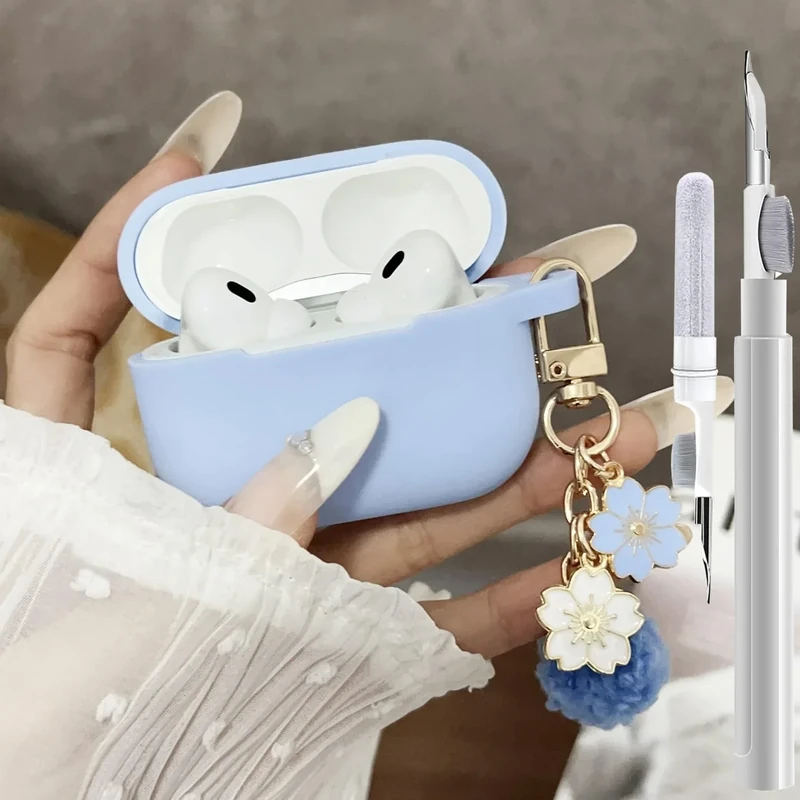 GARTOO Sky Blue Silicone AirPods Pro 2/1 Case with Pom Pom Keychain