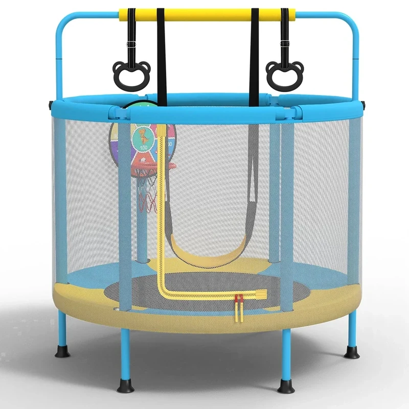 60" Trampoline for Kids, 5ft Toddler Mini 6-in-1 Trampoline Indoor Outdoor with Swing, Basketball Hoop, Dart Board, Rings, Christmas Toys Birthday Gifts for Girls Boys (Yellow&Blue 6-in-1)