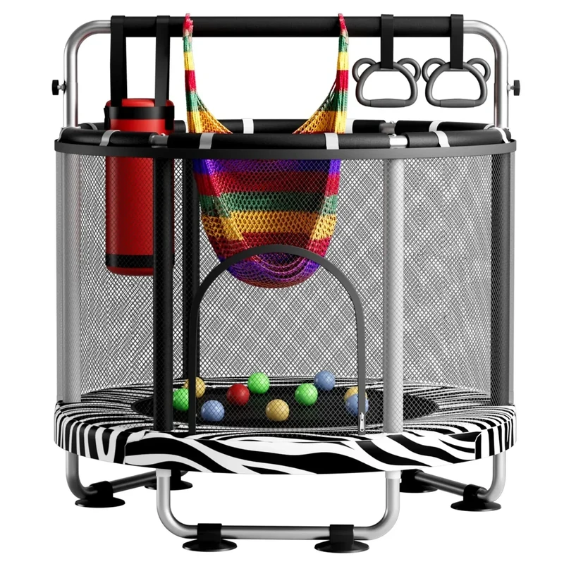 ZCMHAXJ 55" Trampoline for Kids with Enclosure, 440lbs Capacity Indoor & Outdoor Toddler Trampoline with Adjustable Gymnastics Bar & Toys, Gifts for Boys & Girls