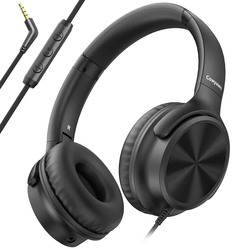 Cowyawn Headphones - 3.5mm Mic, Volume Control, HD Stereo - Black