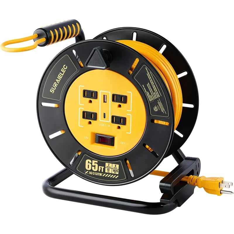 SURAIELEC 65 FT Extension Cord Reel with 4 Grounded Outlets, USB-A & USB-C Ports, 14AWG Heavy Duty Power Cord, 13A 1625W, Portable Hand Crank for Indoor Outdoor Use, ETL Listed - Image 1