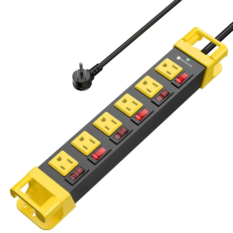 Heavy Duty Power Strip - 6 Outlet Power Strip with Individual Switches Cord Manager Surge Protector 1200J Home Office Garage Industrial Workbench