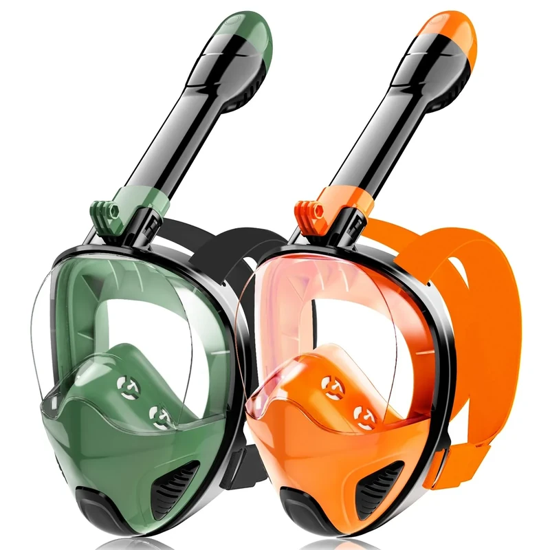 Full Face Snorkel Mask for Adults Teen, Snorkeling Gear with Detachable Camera Mount, Panoramic 180° View, Anti-Fog Anti-Leak Snorkling Set for Man and Women (Black Dark Green+Black Orange-S/M)
