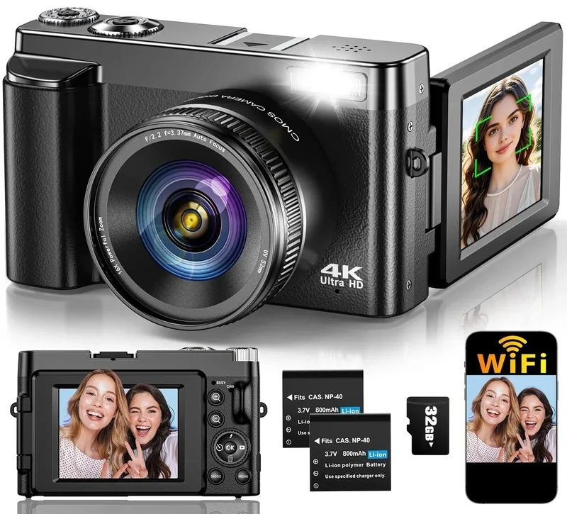 4K Digital Camera for Photography Autofocus, Upgraded 64MP WiFi Vlogging Camera for YouTube with 3" 180° Flip Screen, 16X Zoom, Compact Travel Cameras for Beginners with 32GB Card, 2 Batteries, Black