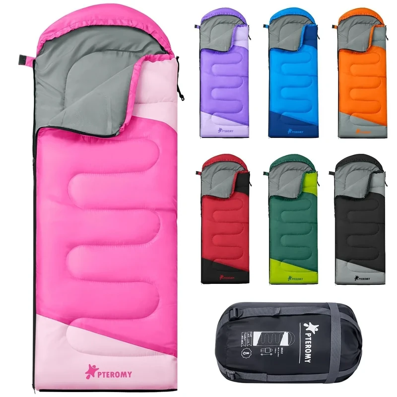 PTEROMY Sleeping Bags for Adults, Lightweight and Machine Washable, Water Resistant Backpacking Camping Sleeping Bag for Warm Cold Weather, Camping Essentials for Hiking Travel (Pink, 1.35kg)