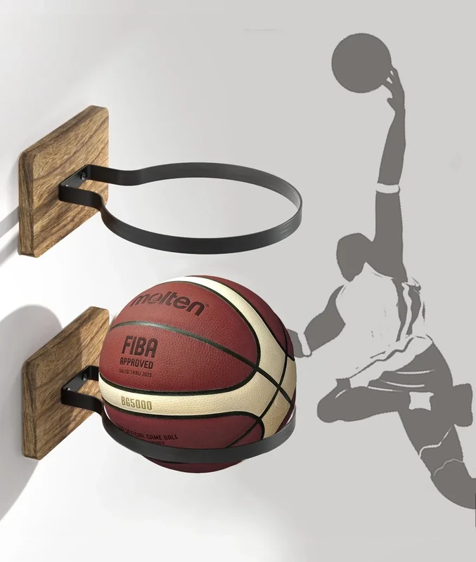 2 Pcs Wall Mount Basketball Holder with Wooden Base, Ball Storage Holders Display Rack for Autograph Basketball, Football, Soccer, Volleyball Collection, Sports Accessories Organizer for Player Fans