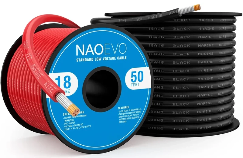 NAOEVO 18 Gauge Marine Wire, 18 AWG Tinned Copper PVC Marine Grade Wire, IP68 Waterproof/Corrosion-Resistant Electrical Cable for Boat, RV, Automotive, Solar, Trolling Motor (50 ft Black + 50 ft Red)